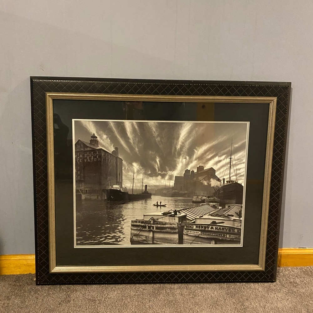 Framed Black and White Buffalo, NY Harbor Photograph